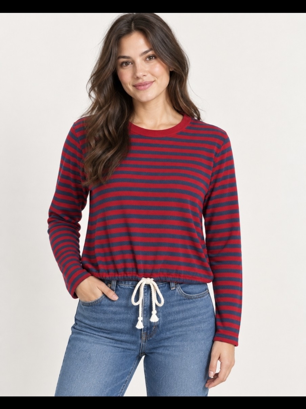 Madewell Red and Navy Striped Drawstring Sweatshirt